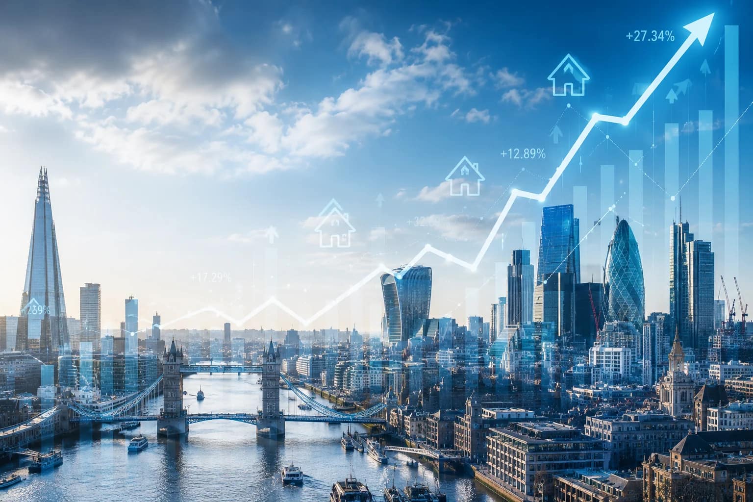 London skyline with Tower Bridge and financial district showing growth chart for UK property investment beginner guide