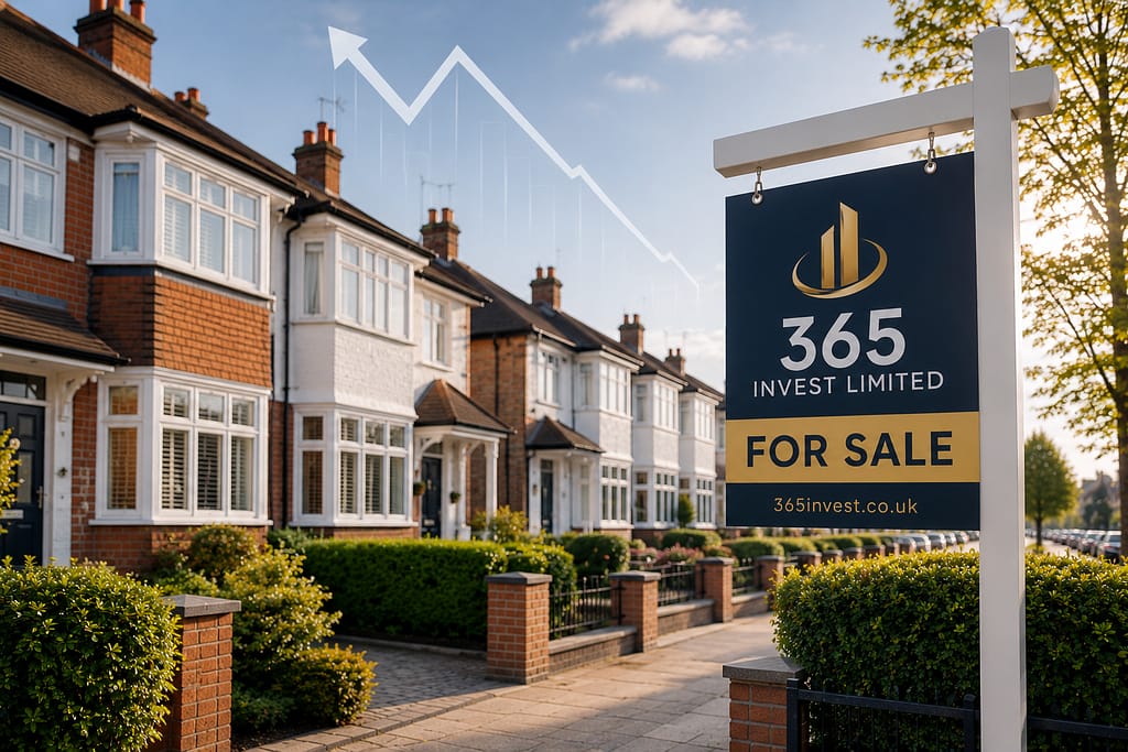 UK residential houses with estate agent for sale sign illustrating property investment and how it works in the UK market