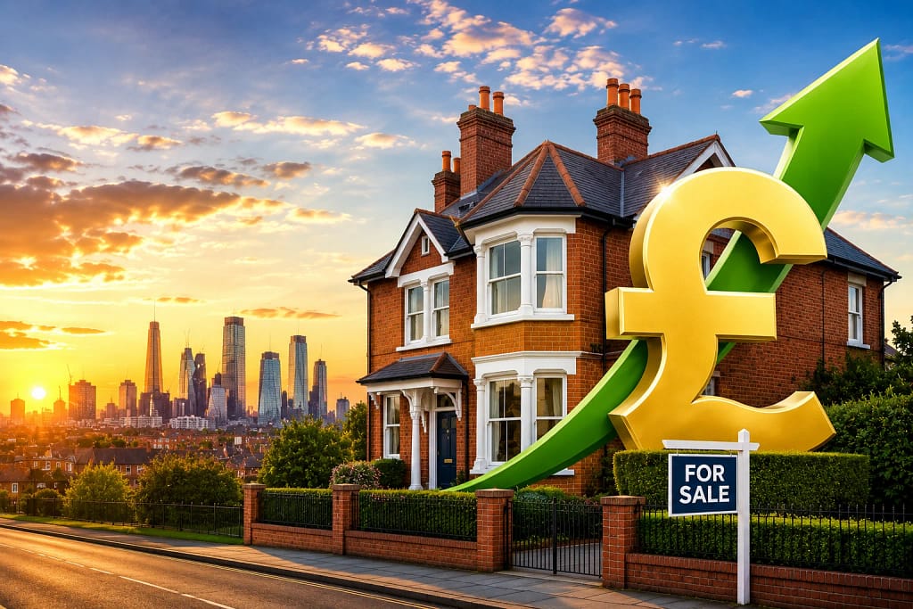 UK house with pound symbol and upward arrow showing how property investment works through price growth and returns