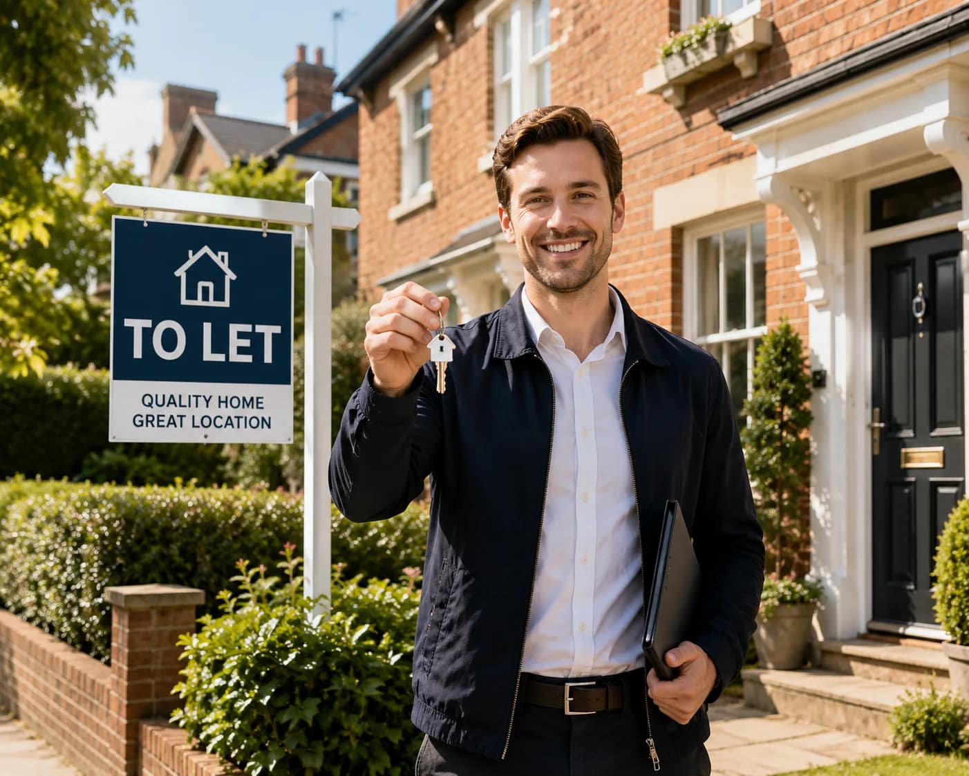 UK letting agent holding keys outside rental property with to let sign illustrating property management basics and landlord responsibilities