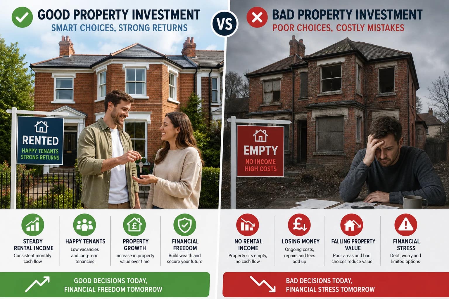Comparison of good and bad UK property investment showing rented home success versus empty property mistakes and financial loss